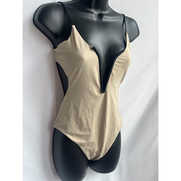 Reversible One Piece Swimsuit Black Beige Size S Plunging Open Back Minimalist - Picture 10 of 12